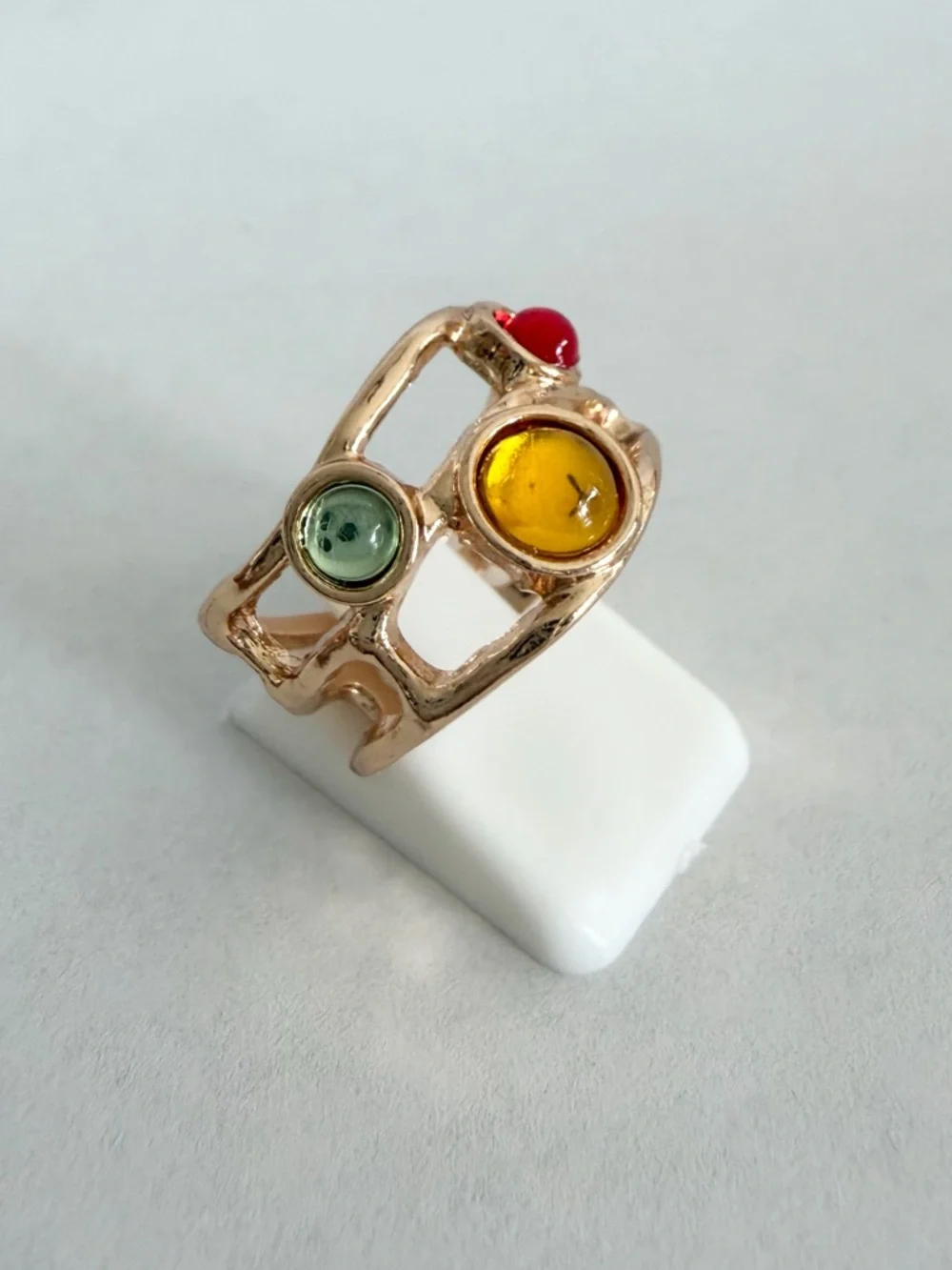BNIB - Gold Tone Multi-Stone Cocktail Ring with Yellow, Red & Green Cabochons